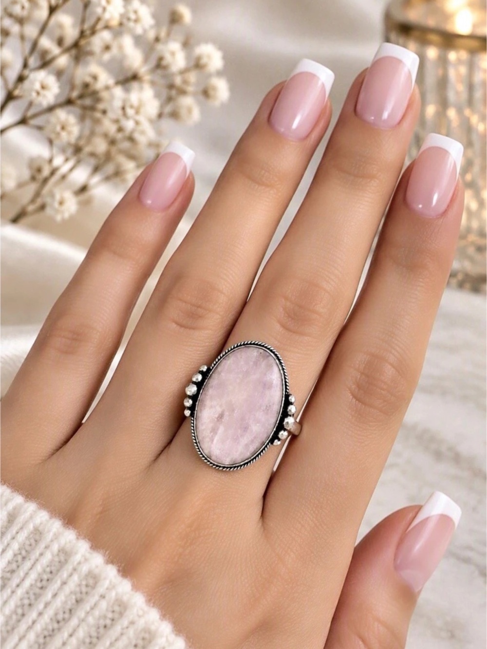 Kunzite Oval Cabochon Ring 925 Sterling Silver Size 8 Boho